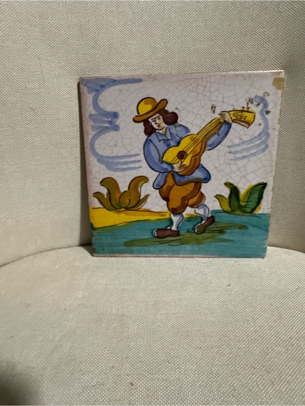 2 Antique Hand-Painted Blue and Yellow Ceramic Tile Wall Art! From Italy